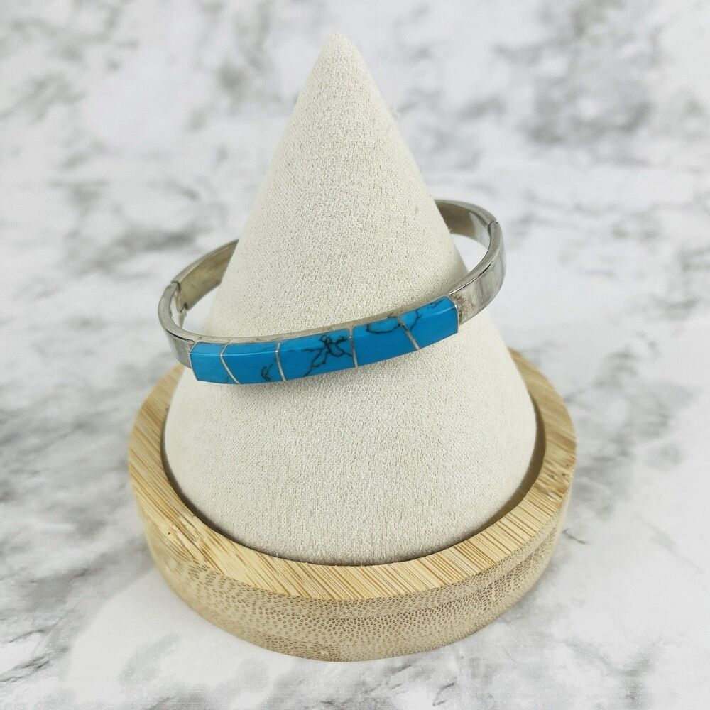 Vintage Mexican Alpaca Turquoise Bracelet Channel Inlay Silver tone Hinged